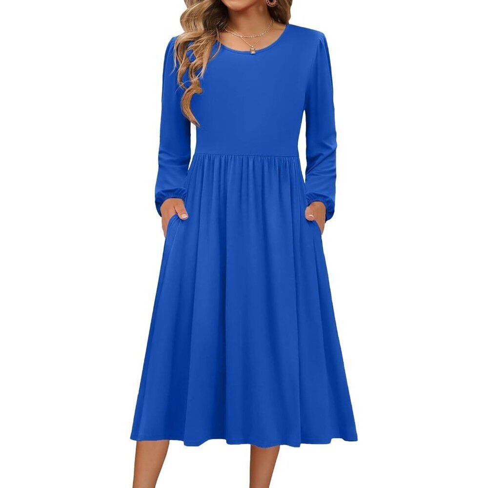 Zeagoo Women Navy Long Sleeve Flowy A-Line Boho Long Dress with Pockets